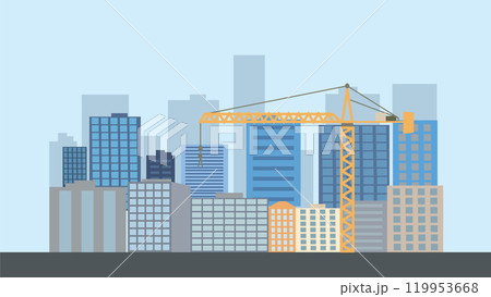 Street in City Town with Cityscape Skyscrapers Building Landscape and Tower Crane Construction 119953668