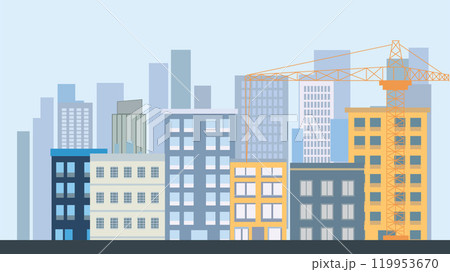 Street in City Town with Cityscape Skyscrapers Building Landscape and Tower Crane Construction Street in City Town with Cityscape Skyscrapers Building Landscape and Tower Crane Construction 119953670