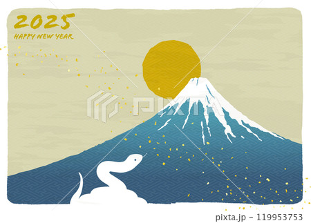 巳年の年賀状テンプレート　蛇と富士山と日の出	 119953753