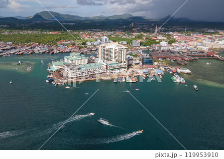 Aerial drone view of Semporna, Sabah district, Malaysia, Borneo island Aerial drone view of Semporna, Sabah district, Malaysia, Borneo island 119953910