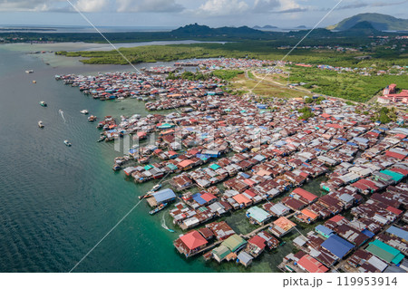 Aerial drone view of Traditional fisherman village at Semporna, Sabah district, Malaysia Aerial drone view of Traditional fisherman village at Semporna, Sabah district, Malaysia 119953914