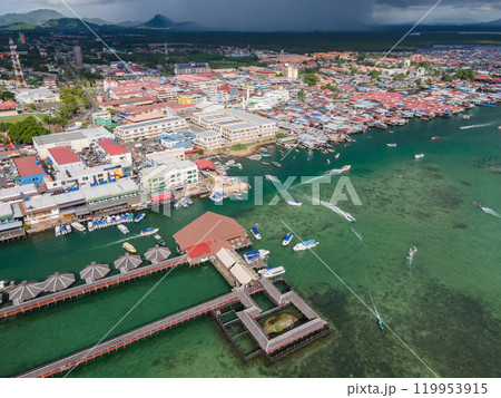 Aerial drone view of Semporna, Sabah district, Malaysia, Borneo island Aerial drone view of Semporna, Sabah district, Malaysia, Borneo island 119953915