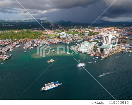 Aerial drone view of Semporna, Sabah district, Malaysia, Borneo island Aerial drone view of Semporna, Sabah district, Malaysia, Borneo island 119953916