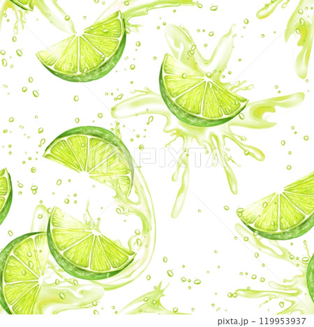 Hand drawn limes background with splashes. Fruit seamless pattern 119953937
