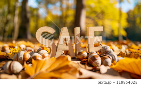Autumn sale with wooden letters and acorns in a colorful leafy forest scene 119954028