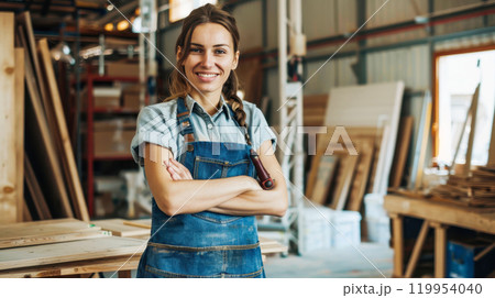 Confident female carpenter in workshop with tools and lumber in background 119954040
