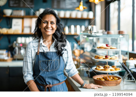 Smiling woman in apron at bakery counter surrounded by pastries and warm lighting 119954094