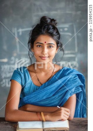 Confident Indian female student smiling in classroom with notebook 119954155