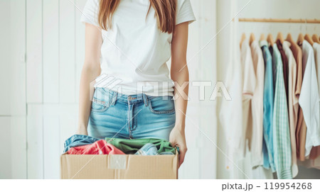 Woman organizing clothes in cardboard box for donation or storage at home 119954268