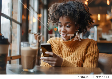 Young black woman enjoying coffee and chatting on smartphone in cozy cafe setting Young black woman enjoying coffee and chatting on smartphone in cozy cafe setting 119954443
