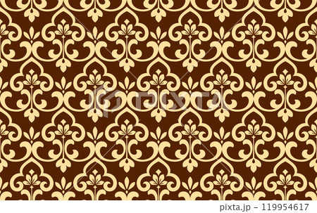 Flower geometric pattern. Seamless vector background. Golden and dark brown ornament. Ornament for fabric, wallpaper, packaging. Decorative print Flower geometric pattern. Seamless vector background. Golden and dark brown ornament. Ornament for fabric, wallpaper, packaging. Decorative print 119954617