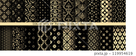 Geometric floral set of seamless patterns. Golden and black vector backgrounds. Damask graphic ornaments 119954619