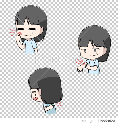 Three illustrations of girls with itchy bodies Three illustrations of girls with itchy bodies 119954628