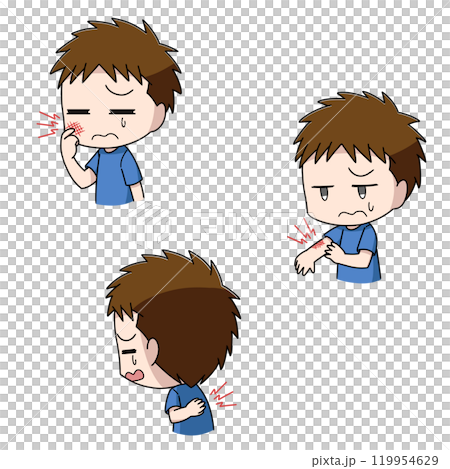 Three illustrations of boys with itchy bodies 119954629