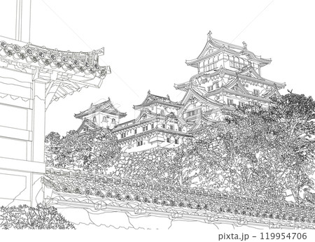風景線画、姫路城の塗り絵のイラスト素材 [119954706] - PIXTA