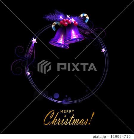 2025 Christmas round wreath of fir branches and bells in purple shade 2025 Christmas round wreath of fir branches and bells in purple shade 119954716