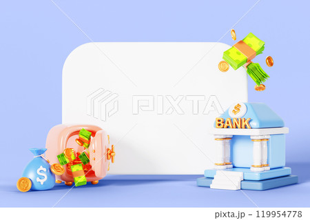 3d blank white card mockup with bank building, open door safe box with coin and cash deposit, money bag on purple background render. Whiteboard template with business and finance icon. 3D illustration 119954778