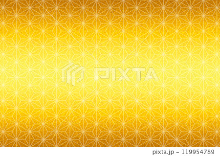 白い麻の葉模様を合成した金屏風の様な背景(イエローゴールド)横模様のグラデーション 119954789