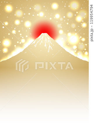 2025 巳年 ハガキサイズキラキラゴールド富士山のシンプル年賀状 背景 フレーム　文字なし 119954794