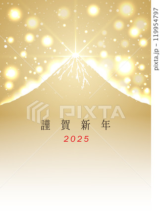 2025 巳年 ハガキサイズキラキラゴールド富士山のシンプル年賀状 背景 フレーム 119954797