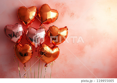 Valentine's Day. Set of balloons. A pile of pink foil balloons in the shape of a heart, isolated on a delicate pink background. Suitable for wedding anniversary, birthday celebration. Party Decoration 119955005