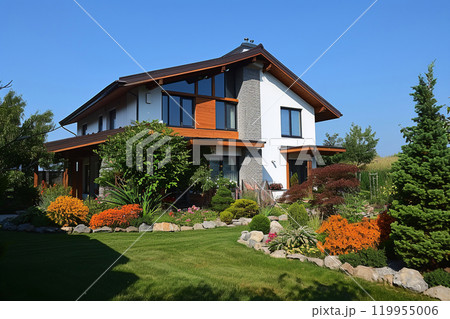 Landscape with a large country house. Large trimmed lawn and blue sky. Luxurious homes with beautiful landscaping. Modern country house with large lawn. There is a tree and flower beds on the lawn. 119955006