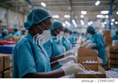 Female workers wearing protective masks work at a factory for the research and production of medical products, packaging finished products before shipping. Inspection quality control. Pharmacology 119955007