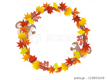 紅葉をイメージした葉や実やリスの円のフレームイラスト 紅葉をイメージした葉や実やリスの円のフレームイラスト 119955249