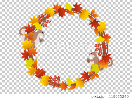 紅葉をイメージした葉や実やリスの円のフレームイラスト 紅葉をイメージした葉や実やリスの円のフレームイラスト 119955249