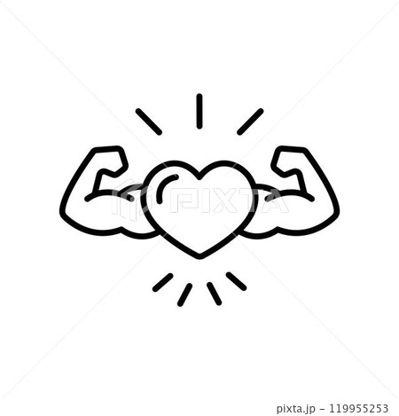 Strong heart, in line design. Cardiovascular, healthy, fitness, robust heart, heart health, endurance on white background vector. Strong heart, editable stroke icon. 119955253