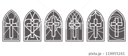 Cathedral church windows with cross. Stained glass gothic catholic arch. Vector architecture medieval silhouette of frame. Castle interior elements on white background 119955281