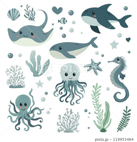 Vector illustration collection in children's Scandinavian style. Orca dolphin dolphin crab jellyfish octopus fish turtle shark seahorse shrimp swordfish 119955464