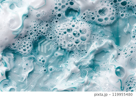 Blue foamy texture in motion top view. Cosmetic facial skin cleanser, shower gel, turquoise foam background. Creamy cleansing skincare product bubbles. Soapy substance. Bubble backdrop. Washing liquid 119955480
