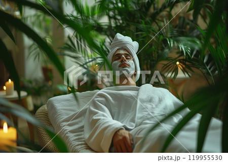 A young man lies relaxed after a procedure in a spa. A handsome guy with his eyes closed lies on a massage bed in a luxury spa and wellness center. Wellness and relaxation therapy for the body 119955530