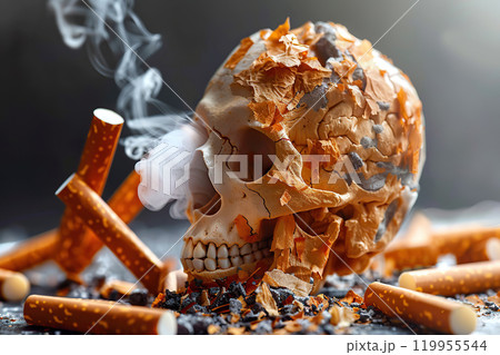 Conceptual image of smoke entering the human body. The harmful effects of nicatine on all internal organs. Campaign to stop smoking or living in a polluted area. Health and life concept. Copy space 119955544
