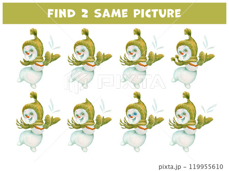 Find two same pictures of little snowman dances jumping on one leg and clapping his hands. Educational game for children. Cartoon watercolor illustration. Christmas or New Year celebration concept Find two same pictures of little snowman dances jumping on one leg and clapping his hands. Educational game for children. Cartoon watercolor illustration. Christmas or New Year celebration concept 119955610