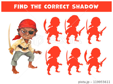Pirate boy. Watercolor dark-skinned, barefoot pre-teen cartoon character in pirate clothing with saber. Find the shadow. Educational matching game for kids at pirate party or speak like a pirate day 119955611