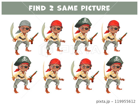 Find two same pictures of dark-skinned barefoot pre-teen pirate. Educational game for children with watercolor cartoon character in pirate clothing with saber. Leisure game for party or recreation 119955612