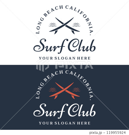 Vintage surfboard Logo template,surfing on a summer beach.For business,badge,holiday, ,label,emblem. 119955924