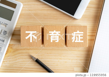 不育症と書かれたブロック、電卓、スマホ、ノート 不育症と書かれたブロック、電卓、スマホ、ノート 119955956