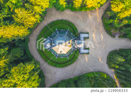 The Schwarzenberg Tomb in Domanin, near Trebon, stands majestically amid thick greenery, showcasing intricate architecture and a unique octagonal shape, inviting exploration and contemplation. 119956333