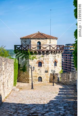 Jaksic Tower stands proudly within the historic Kalemegdan Fortress, offering stunning views of Belgrade and its vibrant surroundings on a clear day. Serbia Jaksic Tower stands proudly within the historic Kalemegdan Fortress, offering stunning views of Belgrade and its vibrant surroundings on a clear day. Serbia 119956346
