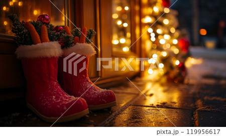 Red child boots filled with carrots for St Nicholas horse. Christmas decorations, lights, copy space 119956617