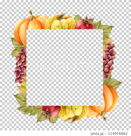 Watercolor fall pumpkin square frame with cope space. Ripe vegetable and fruits harvest isolated illustration with grapes and pomegranate for Thanksgiving Day. Farm gourds template for autumn 119956662