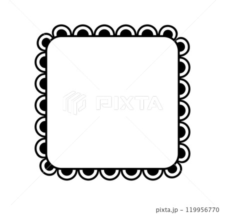 Scalloped edge square frame. Simple rectangle scalloped border. Fabric lace pattern frame. Repeat cute vintage frill ornament. Texture ribbon. Vector illustration isolated on white background 119956770