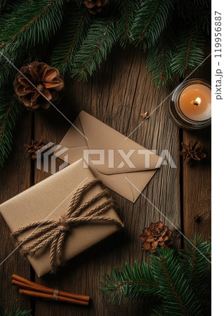Christmas Background with Gift, Envelope, and Candle 119956887