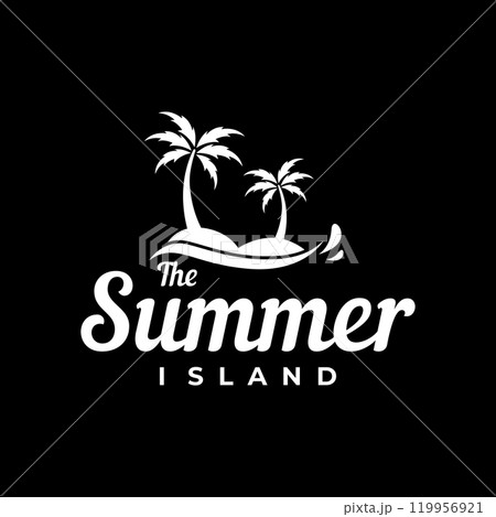 Beach summer vacation creative logo template with waves, palm trees and surf board symbols in retro style.Emblem,label, poster,badge. 119956921