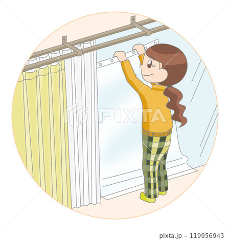 断熱カーテンを取り付ける女性 断熱カーテンを取り付ける女性 119956943