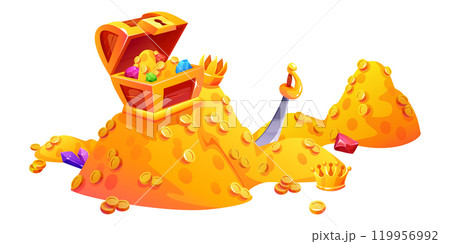 Gold coin treasure and chest box for game vector Gold coin treasure and chest box for game vector 119956992