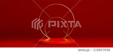 Luxury display with red platform and golden circle Luxury display with red platform and golden circle 119957036